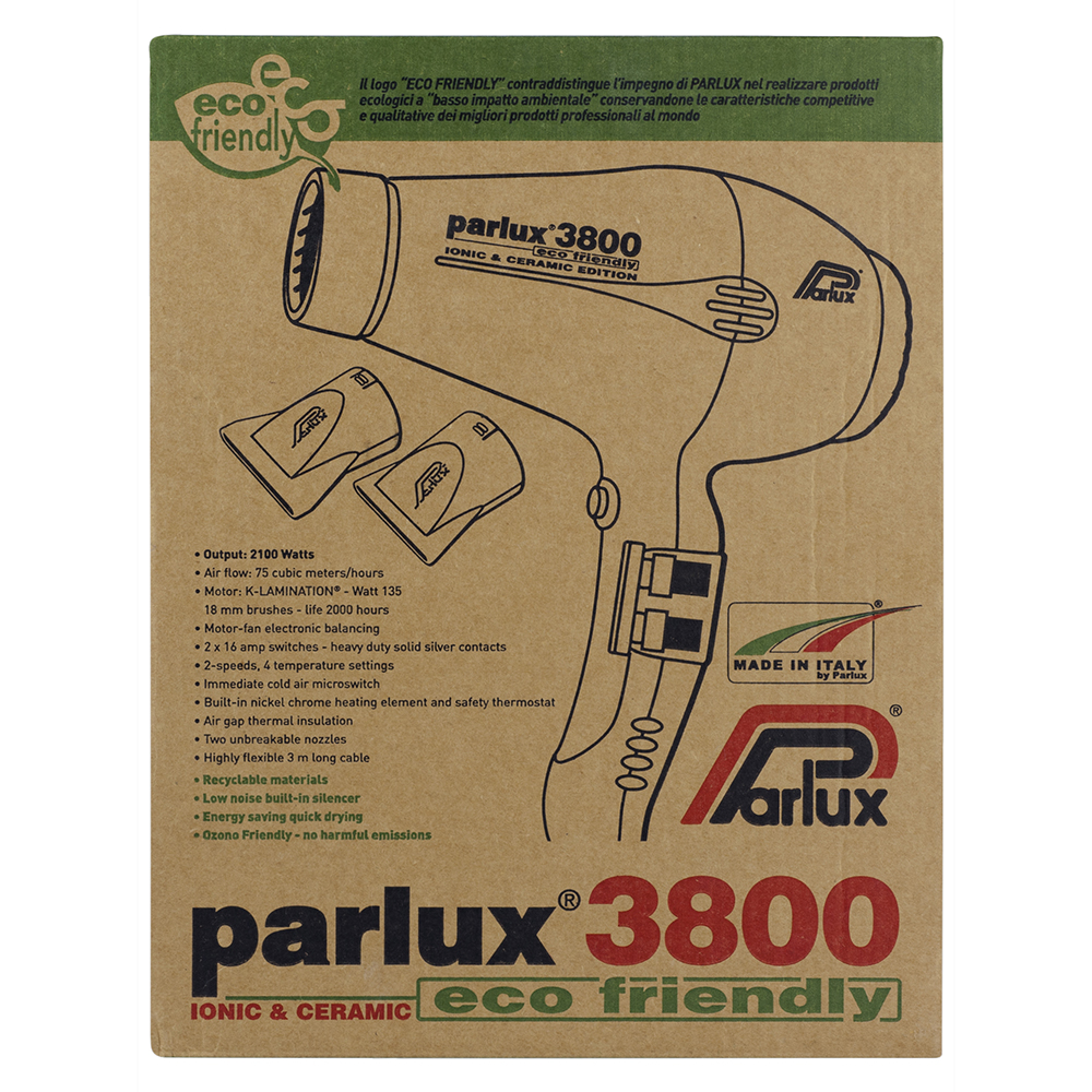 Parlux 3800 Eco Friendly Ionic and Ceramic Hair Dryer Made in Italy packaging